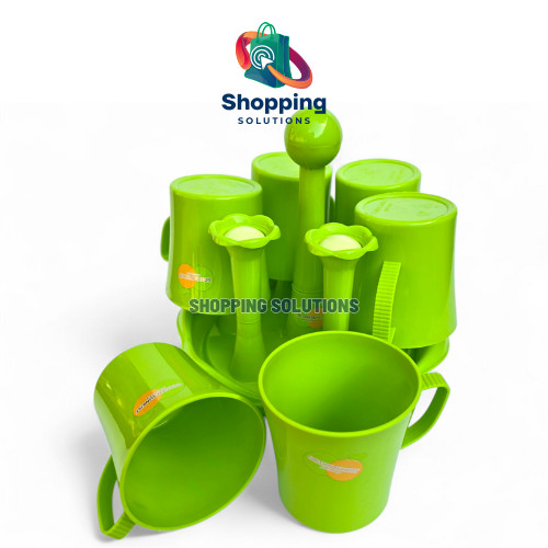 Set 6Pcs Cangkir Mug 300ml dan Stand Gelas Air Minum Plastik Hijau Golden Sunkist