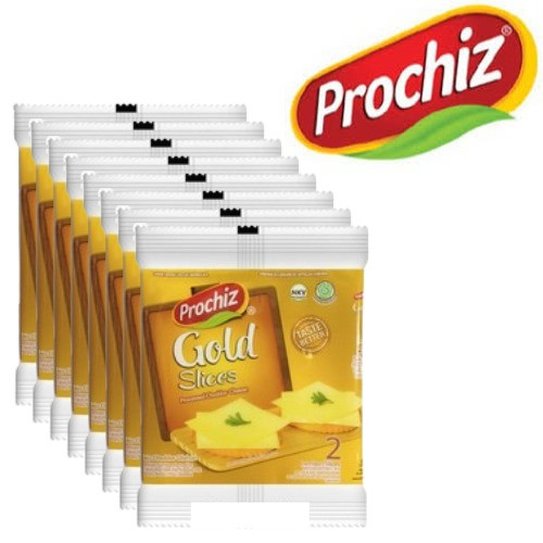 

Keju Prochiz Gold Slice Cheddar Cheese 26 gr isi 2 lembar 1 Renceng isi 8