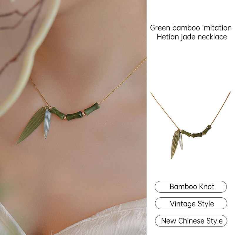 Kalung Simpul Bambu Gaya Cina Baru Kalung Bambu Hijau Rantai Leher Gaya Retro