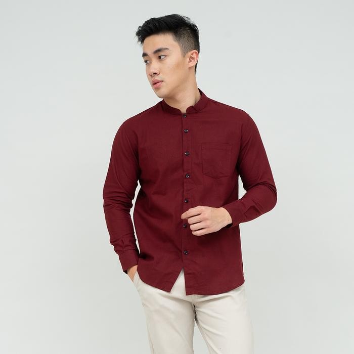 Houseofcuff kemeja Koko Lengan Panjang Pria Maroon - M, Maroon
