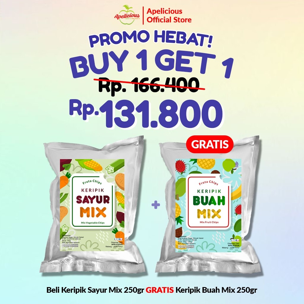 

Apelicious Keripik Sayur Mix Original 250gr / Keripik Buah Mix 250gr + GRATIS Keripik Nangka 250gr / Keripik Buah Mix 250gr / GRATIS Keripik Apel 250gr