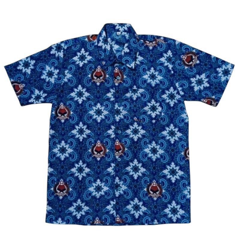 Baju Batik Sekolah SMP MTS Seragam kemeja Motif Lugina Warna Biru Nasional lengan pendek panjang