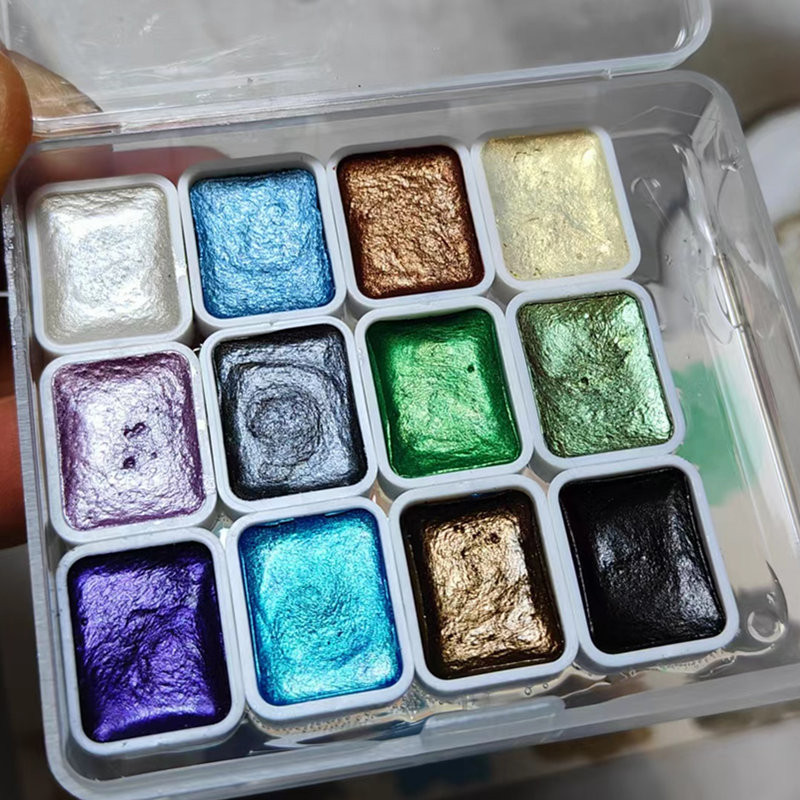 

1ml 12 Colors Solid Watercolor Paints Set Multiple Colors Pearlescent Pigment Metallic Glitter Acuarela Portable Art Supplies