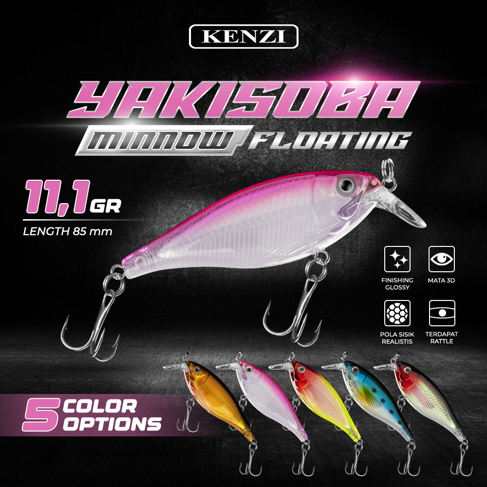 LURE KENZI YAKISOBA  85mm 11.1gr MINNOW FLOATING Umpan Pancing Tiruan Ikan Mainan AIr Tawar & Laut