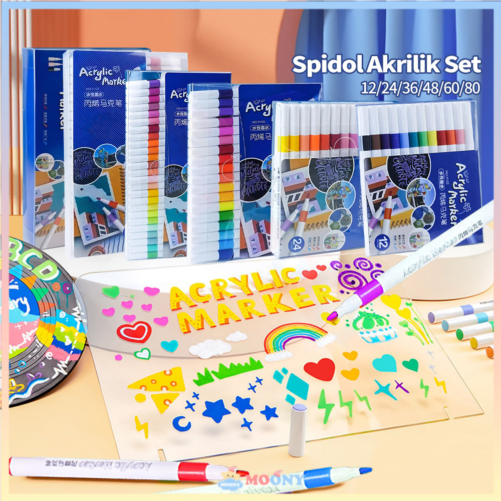 

​​Moony​​ Acrylic Marker Set Spidol Akrilik Pastel Pulpen Highlight Colors Drawing 12/24/36/48/60/80 Warnas