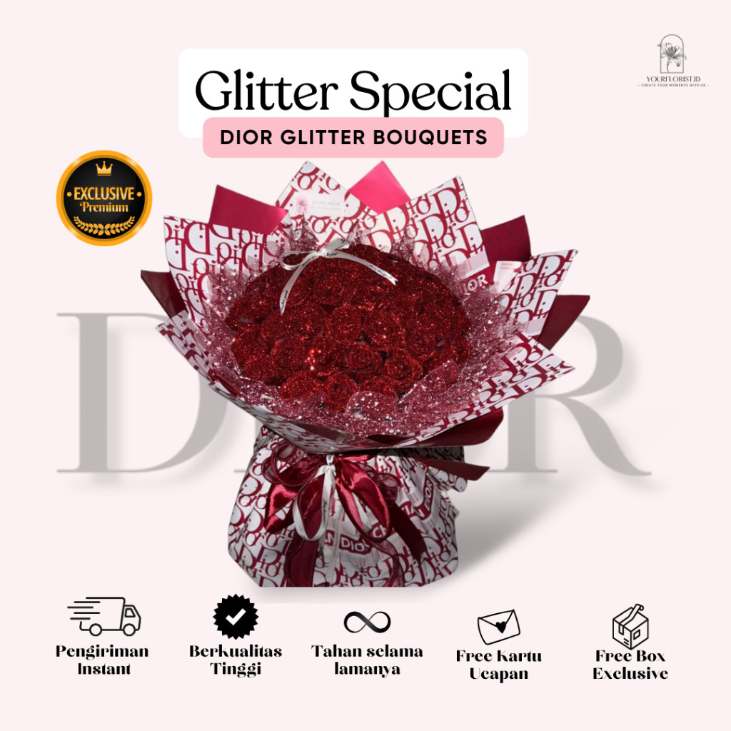 Buket Glitter Rose 50 kuntum Dior Untuk Ulang Tahun Cewek Bunga Mawar Merah Hitam Biru Pink Palsu Be