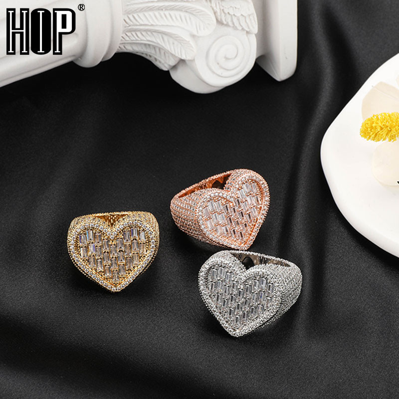 

Hip Hop Iced Out Bling Charm Heart Baguette Ring Mens Gold Silver Color Cubic Zirconia Ring For Men Women Jewelry Gift