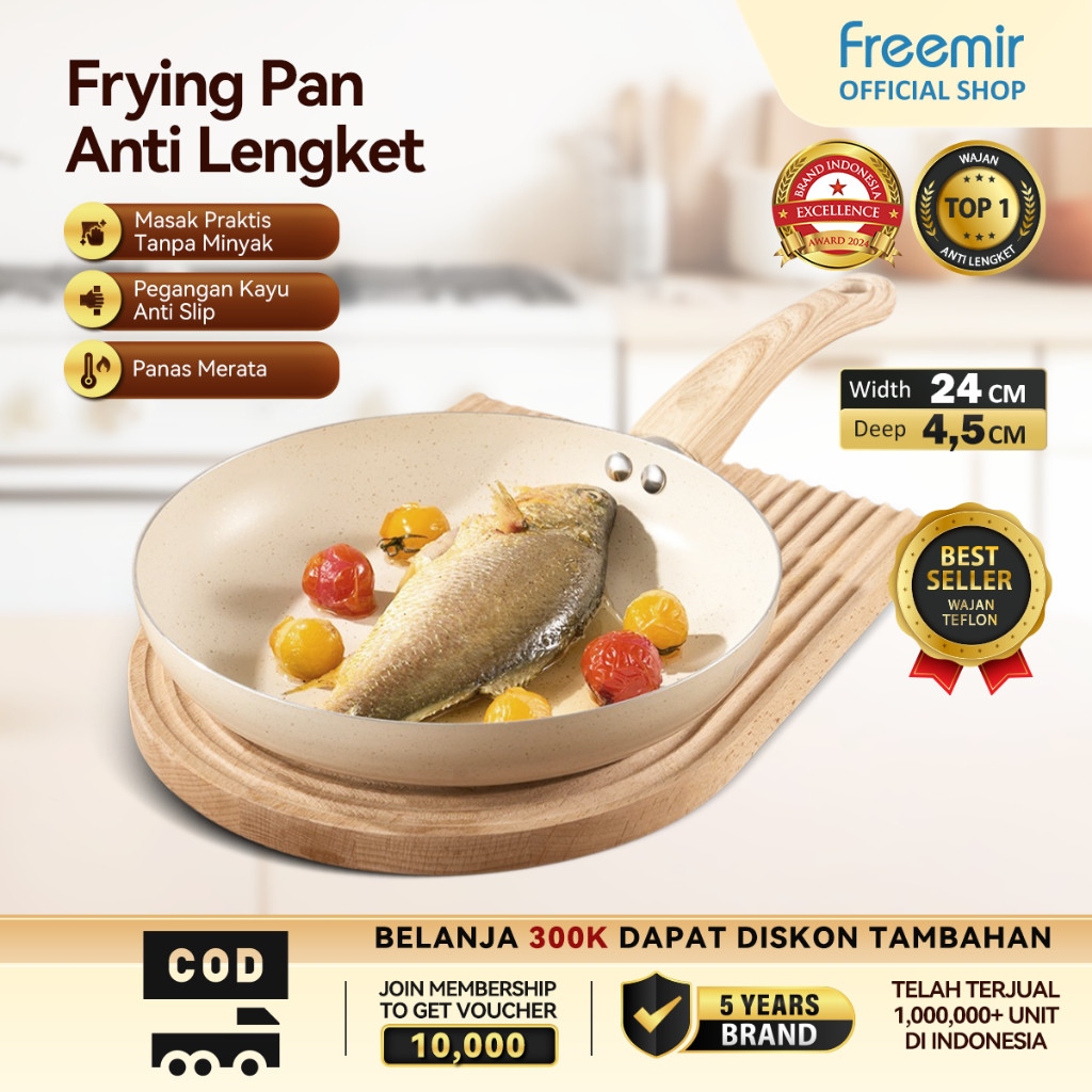 [OFFICIAL] freemir Wajan Penggorengan 24 cm Anti Lengket Gagang Kayu Serbaguna
