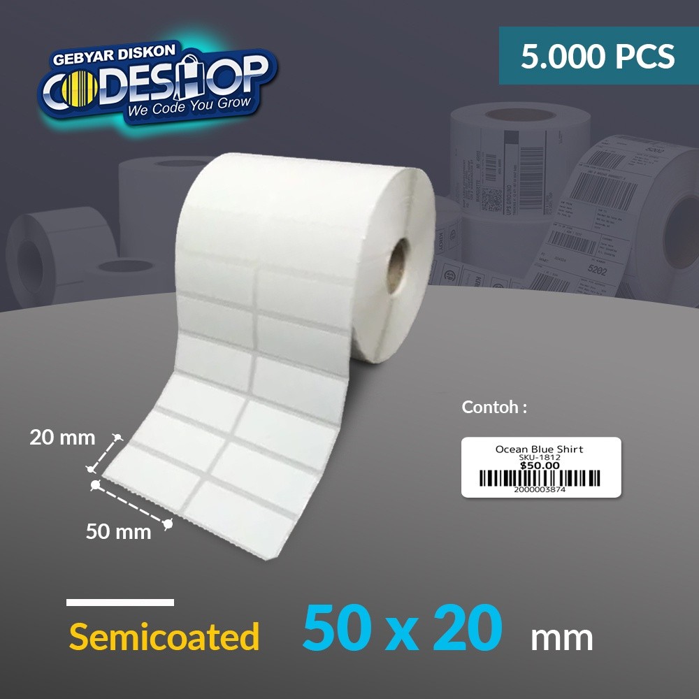 

Codeshop Label Semicoated 50 x 20 mm 2 Line Stiker Printer Barcode Core 1 Inch isi 5000 Pcs