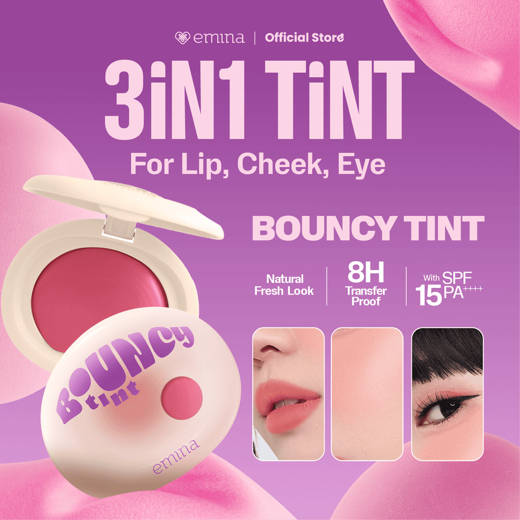 NEW Emina Bouncy Tint 3 in 1 Lip, Cheek, & Eye - Blurry Lip Color, Lasting Stain, dilengkapi dengan 