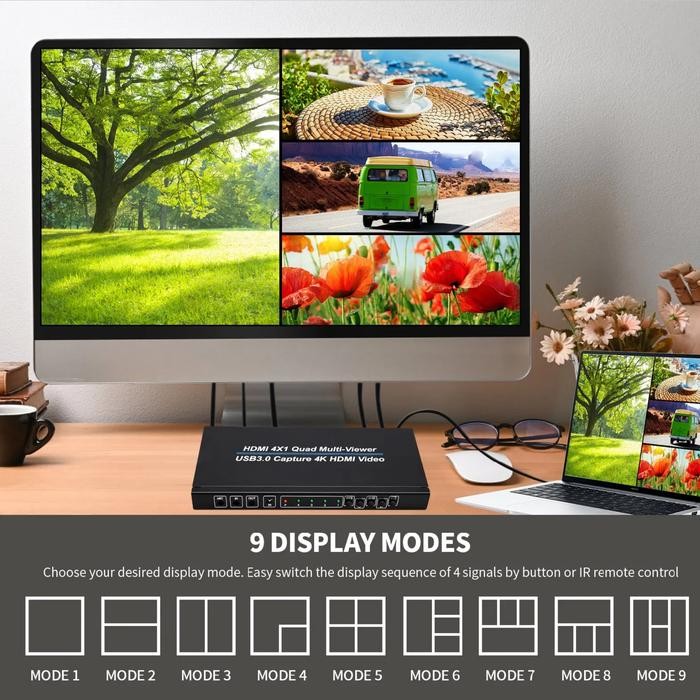 4x1 HDMI Quad Multi-Viewer 100P Multiviewer Seamless Switcher with USB 3.0 Capture