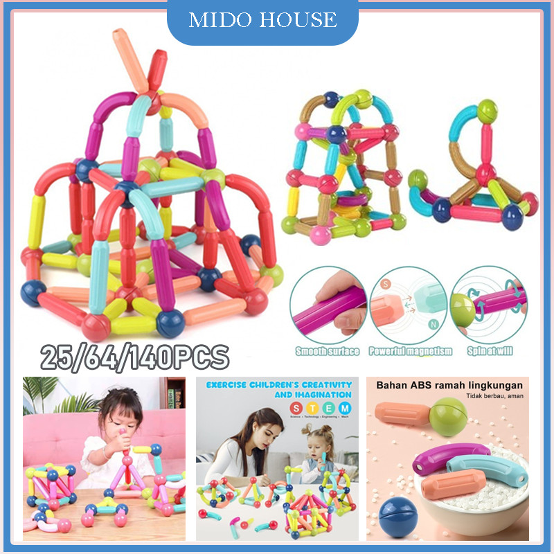 25/64/140Pcs Magnetic Stick Merakit Mainan Edukasi Puzzle/Magnetic Building/Mainan Edukasi Anak Magn