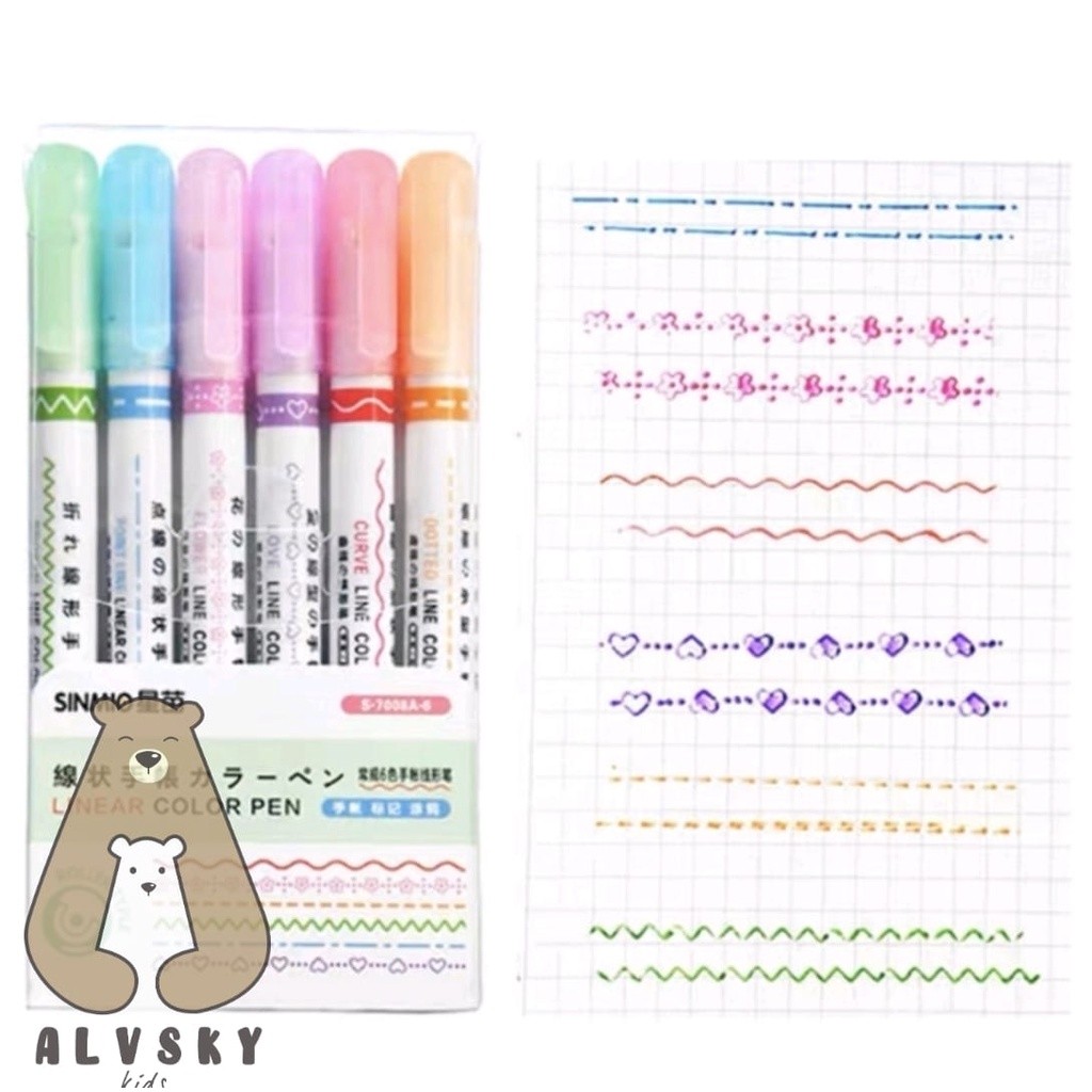 

ALVSKY LINE MARKER 6 PCS HIGHLIGHTER BENTUK GARIS MULTI WARNA SET CURVE ROLLER