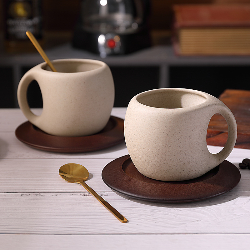 Ceramic Coffee Cup Set with Saucer Vintage Latte Americano Mug Wood Coaster Afternoon Tea Cup