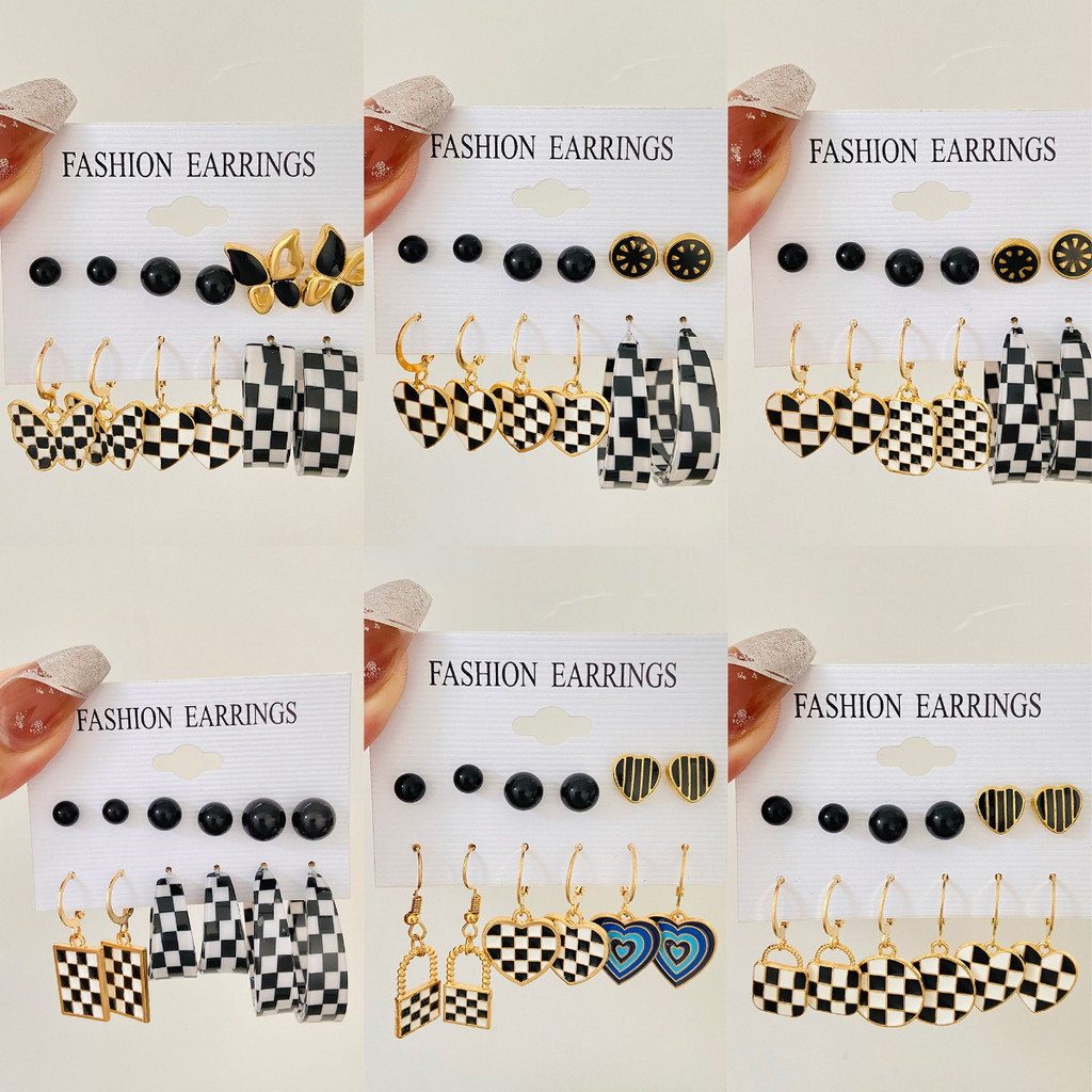 Anting-anting, set anting cinta hitam, anting-anting kotak-kotak hitam dan putih geometris wanita, E