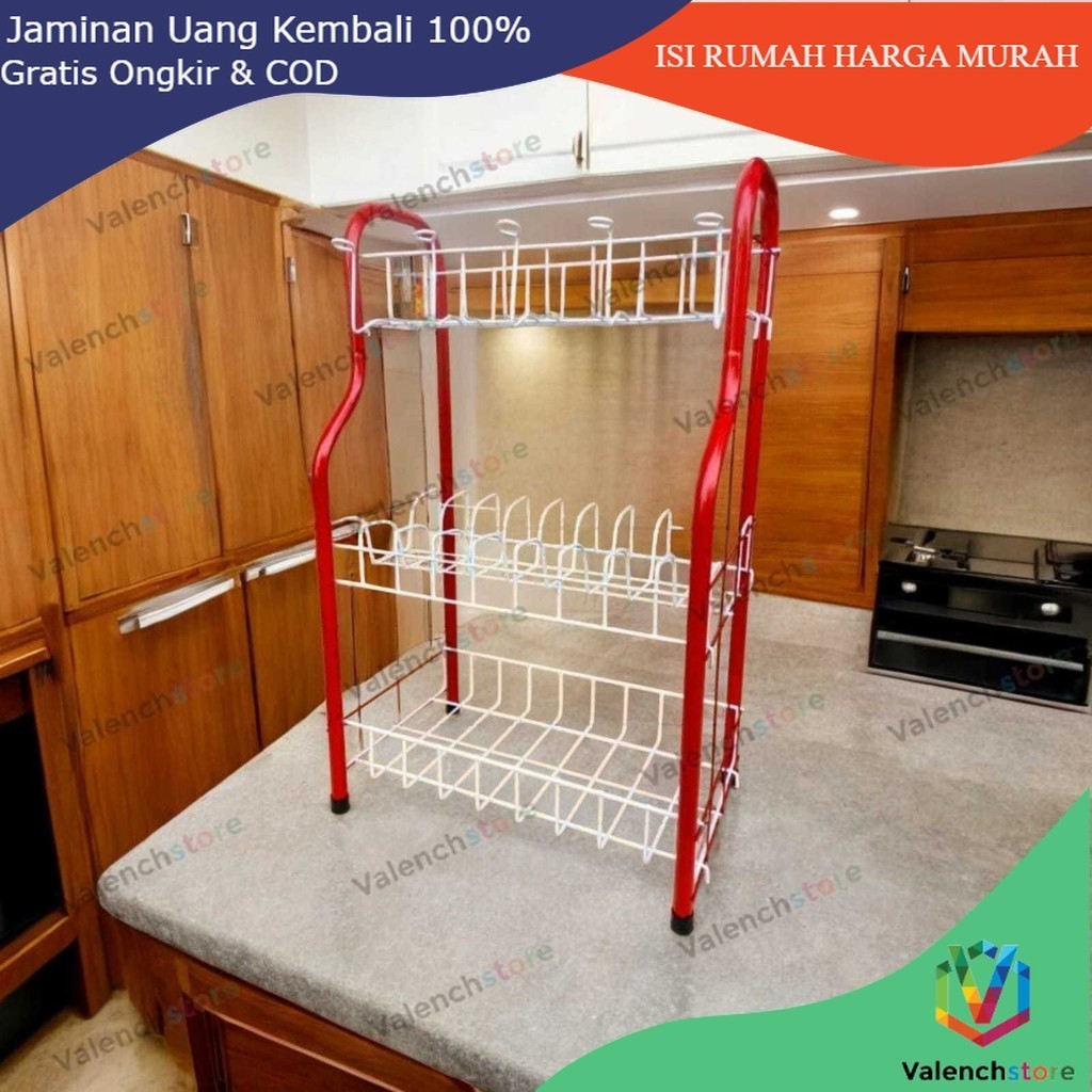 RAK PIRING 3 SUSUN DENGAN GELAS RPL 03 LENGKUNG /RAK DAPUR / RAK GELAS/ RAK PIRING ALUMUNIUM 3 SUSUN