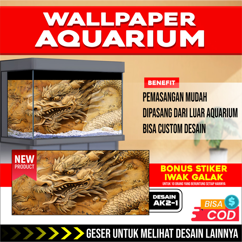 STICKER WALLPAPER BACKGROUND AQUARIUM BELAKANG 3D TEMA GAMBAR NAGA DRAGON AK2