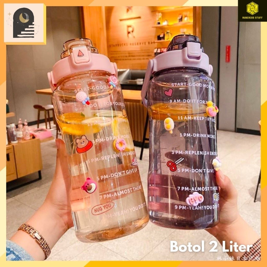 Either.id - Botol Minum 2 Liter Jumbo Motivasi Penanda Waktu Quifit Handle BENING 2000ML Botol Minum