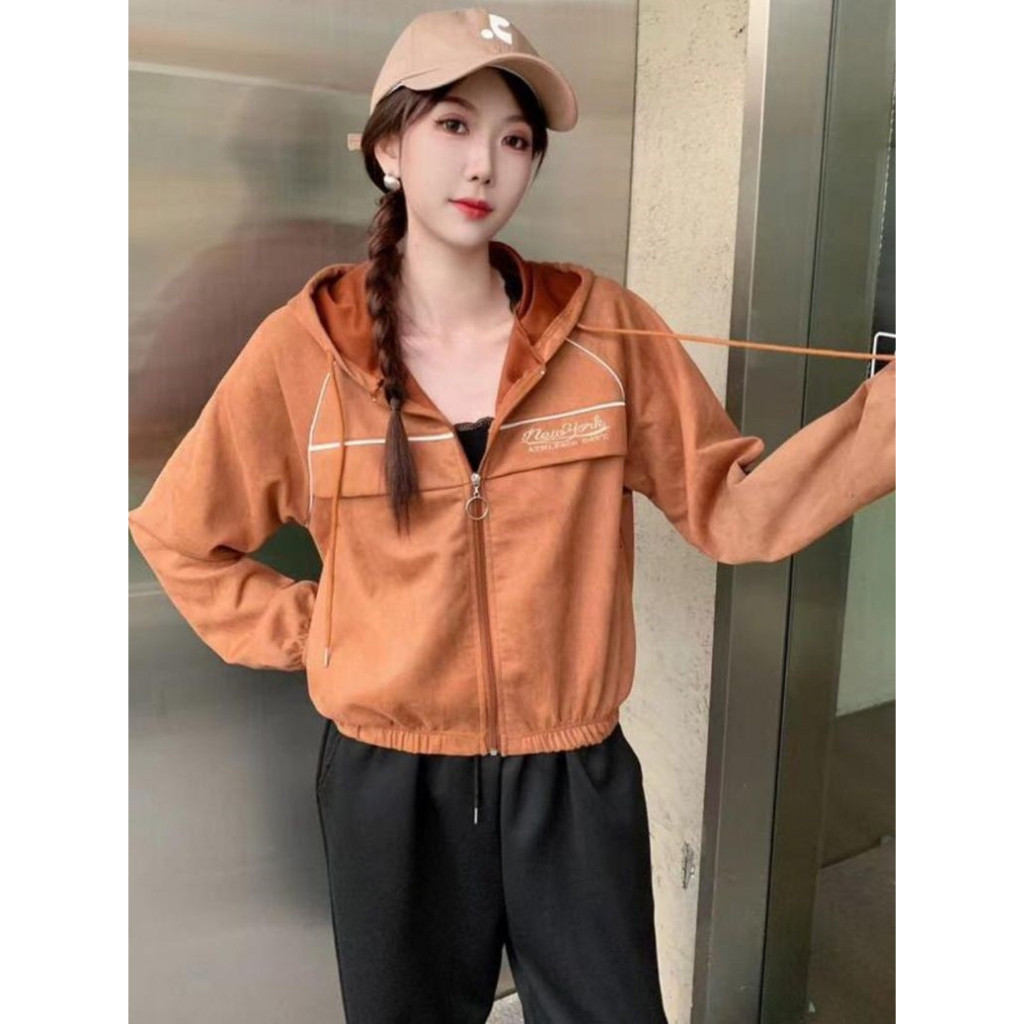 Jaket Hoodie Zipper Wanita Premium Suede Bludru Allsize - newyork ATHLESCO