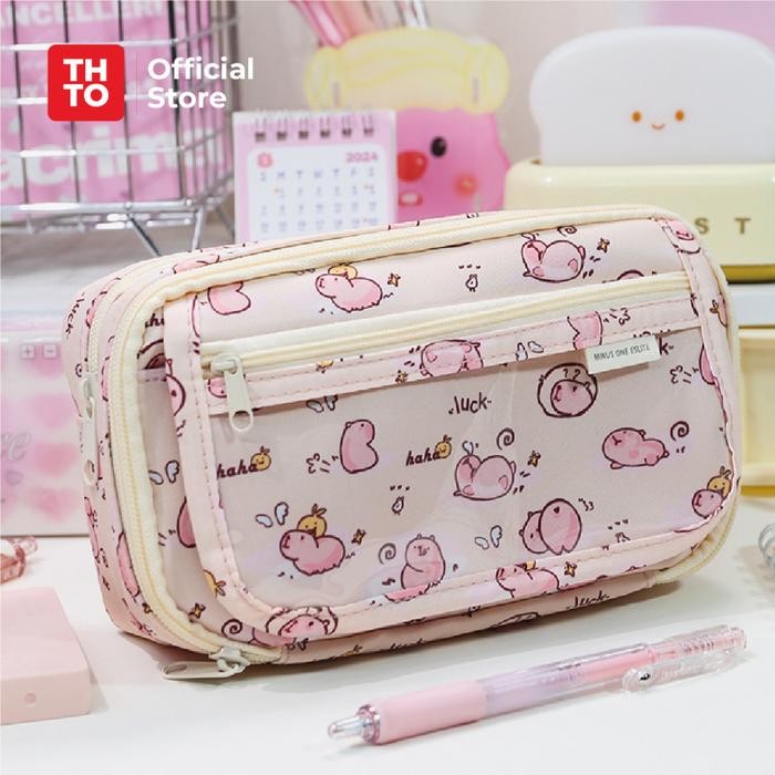 

[New Arrival] THTO Layer Tas Tempat Pensil Case Pouch Anak Sekolah Capybara Transparan PVC Stationery Kantor A122 - Pink