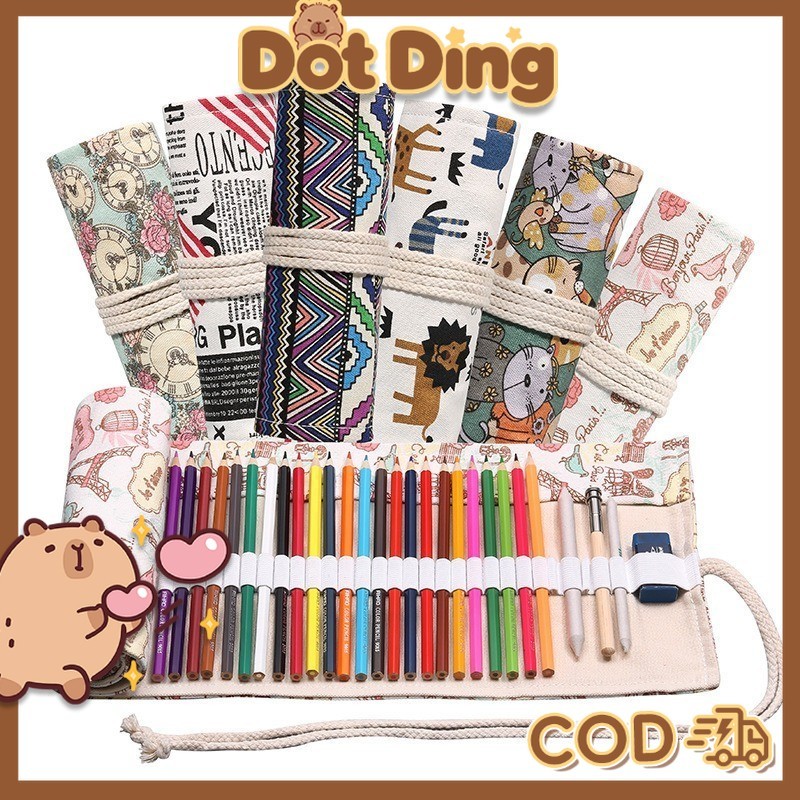 

[DOTDING] Bohemian Tas Pensil Warna Gulung Bahan Kain Canvas 24 Slot / Pencil Case Roll A529