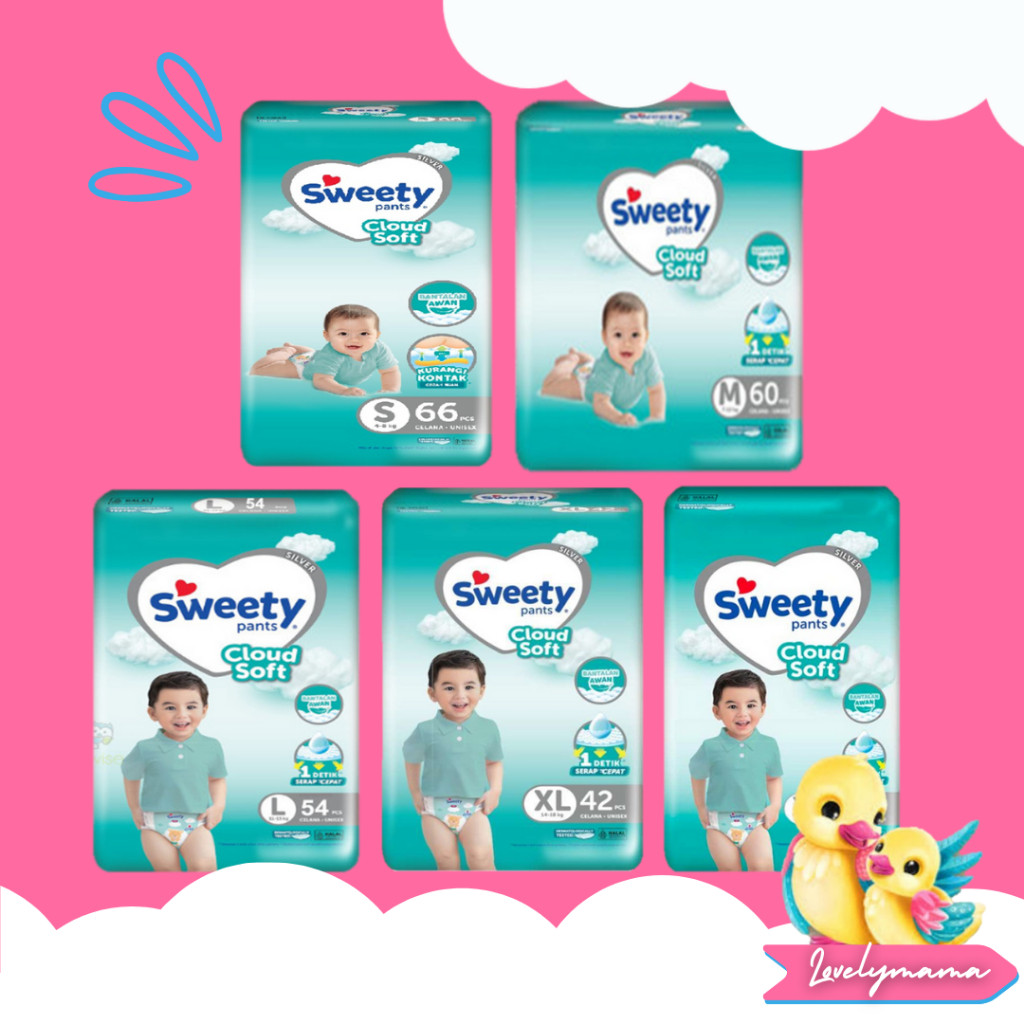 

Sweety Cloud Soft Silver Pants S66 M60 L54 XL42 XXL32 Sweety S 66 M 60 L 54 XL 42 XXL 32 Celana Sekali Pakai Baby Pants Lovelymama Lovelymama411