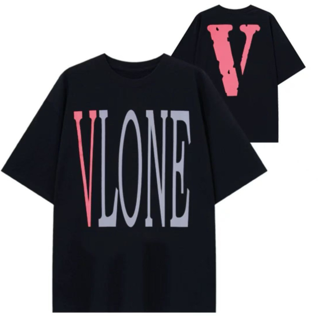 VLONE Kaos Pendek Lebar Oversize Logo V Cetak Couple Wanita Pria Katun Combed 24S - Pink Hitam