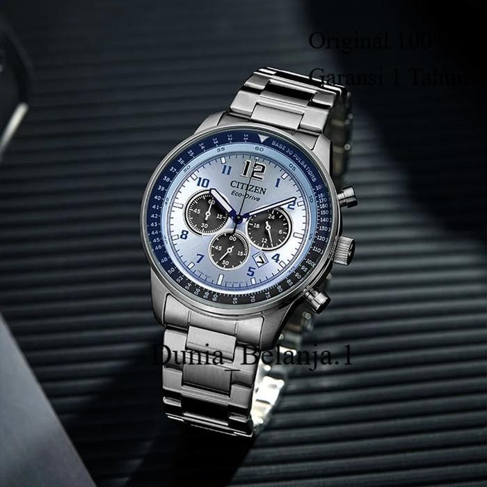 Original 100% Jam Tangan Pria Citizen CA4500-83M Eco-Drive Chronograph Blue Dial Stainless Steel Gar