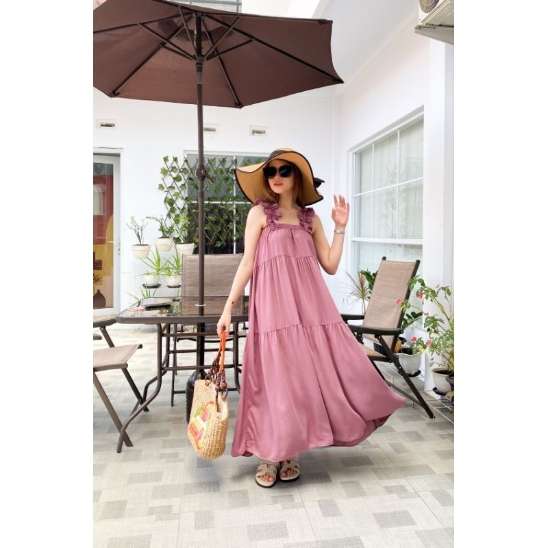 [Moana] long dress pantai tanpa lengan / home dress daster katun rayon twill model koran kekinian