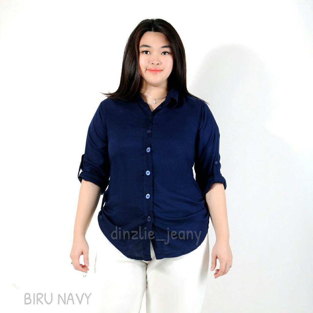 [NEW] KEMEJA LENGAN PANJANG RAYON POLOS WANITA MERCY WARNA BIRU NAVY