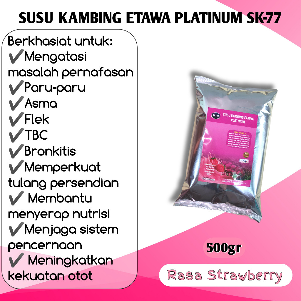 

Susu Bubuk Kambing Etawa Platinum Rasa Stroberi Kemasan 500gr