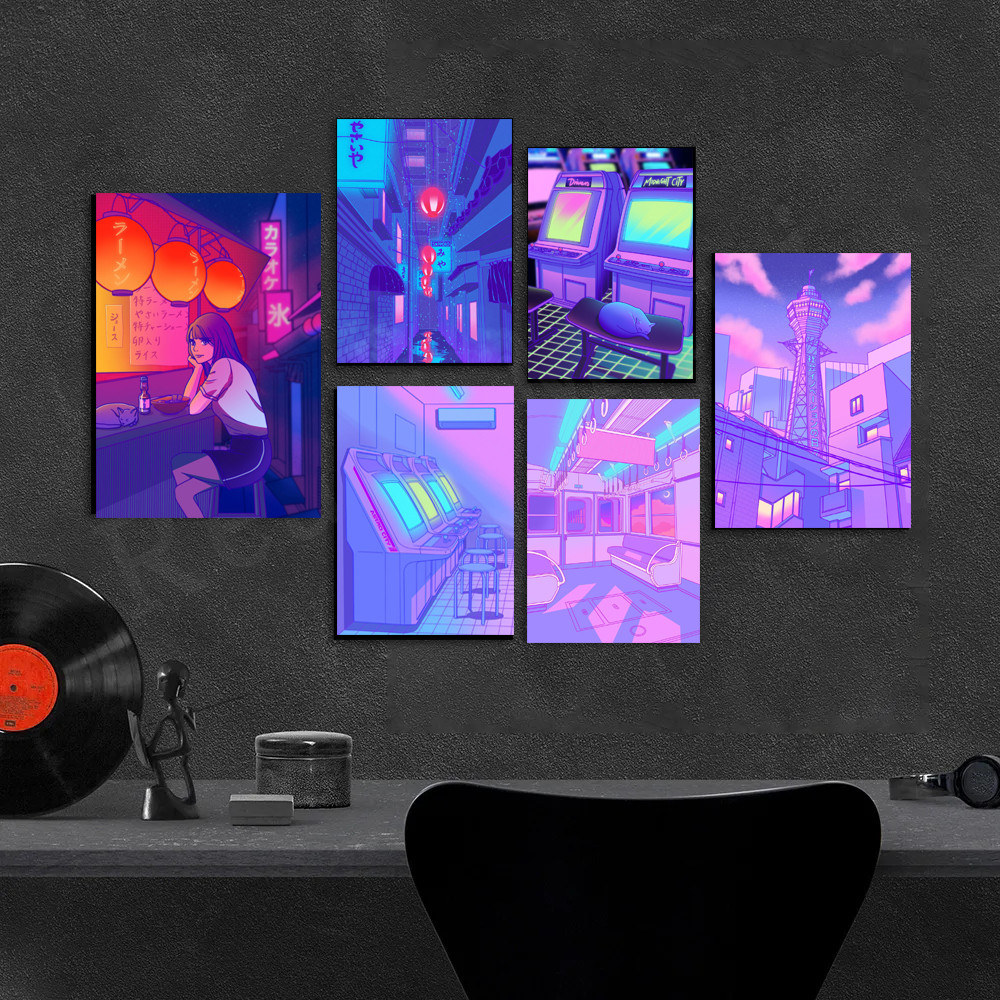 

Modern Japaneses CeneryStreets Subway Building Game Consoles Lights Girl Cat Poster Canvas Painting Wall Art Pictures Home Decor