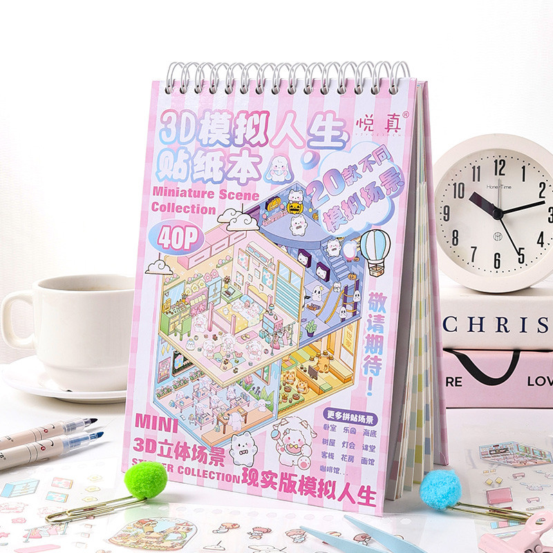 

1Style 40pcs Cartoon Miniature Scene 3D kawaii Stickers book DIY Cabin Scene Stacking Pasting Hand Account Gift for Kid Child