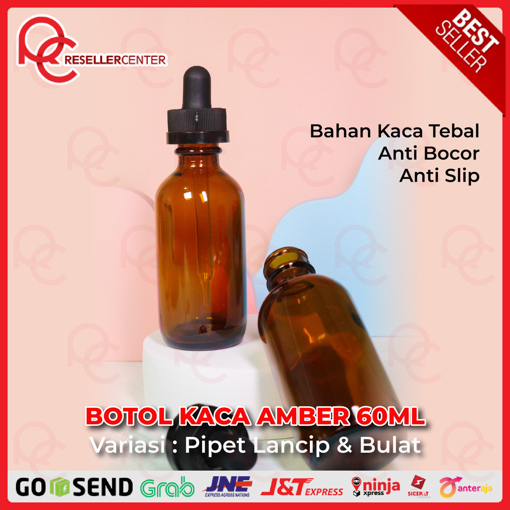 Botol Pipet Kaca Coklat 60ml pipet lancip & Pipet bulat / Botol Kosmetik 60ml Brown
