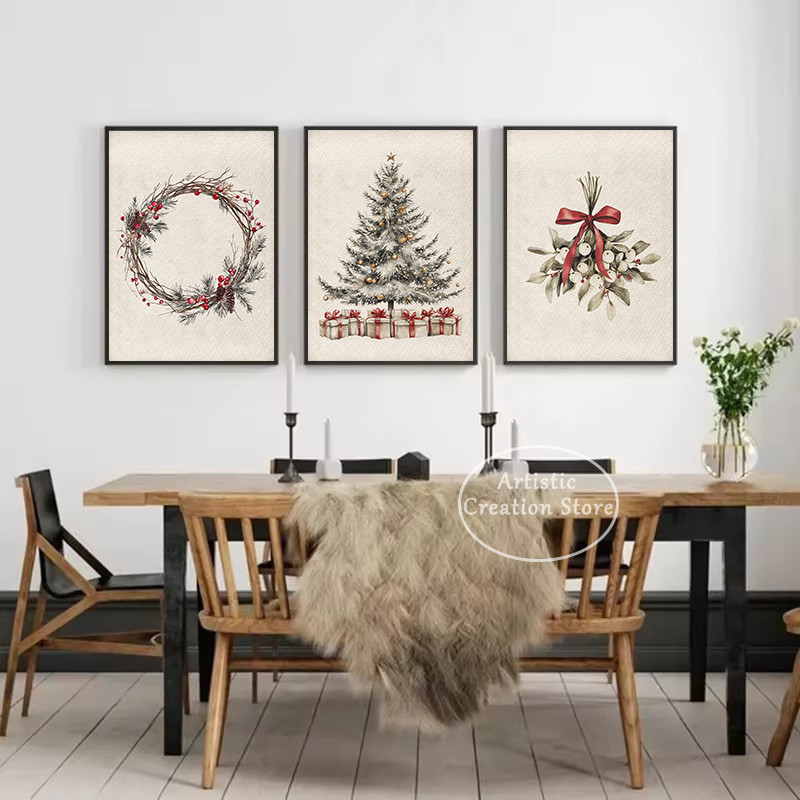 

Vintage Merry Tree Holly Mistletoe Sketch Xmas Present Nordic Poster Canvas Painting Wall Pictures Home Interior Decor