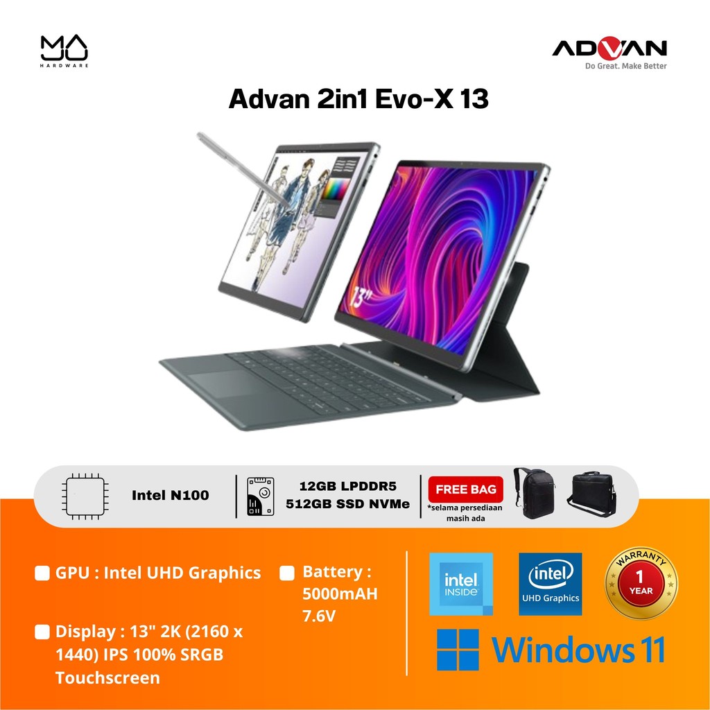 Laptop ADVAN 2 in 1 EVO-X 13" 2.5K Display Intel Intel N100
