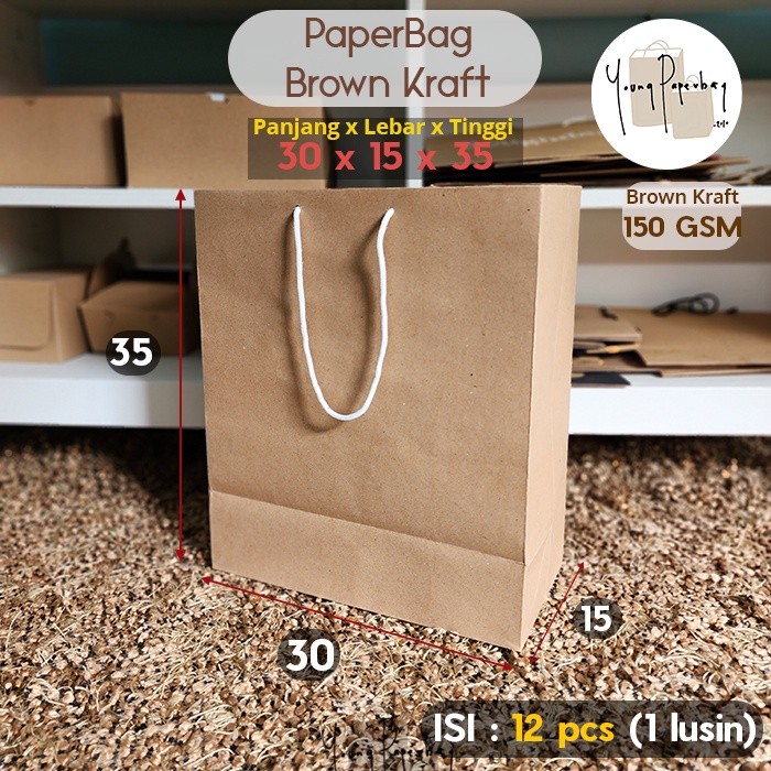 

Paper Bag/Tas Kertas Paperbag Polos Kraft Coklat 30 x 15 x 35 150GSM