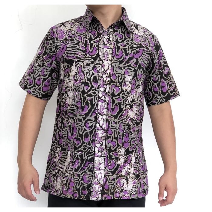 HEM0319030 Batik Sutra Putih Kemeja Tangan Pendek Katun Ungu - Ungu