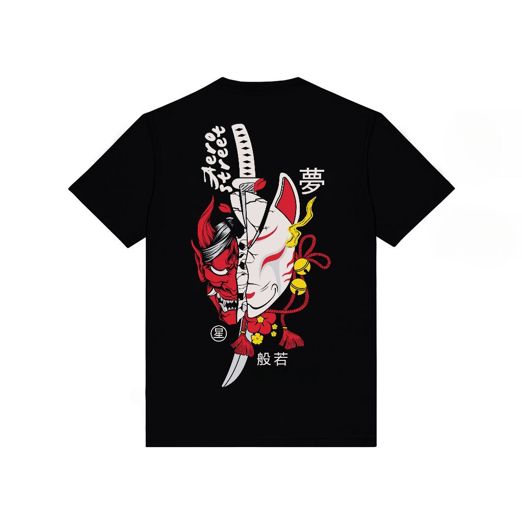 Trend T Shirt With Hannya Kitsune DTF Diskon Pakaian Hitam 100% Cotton Kaos