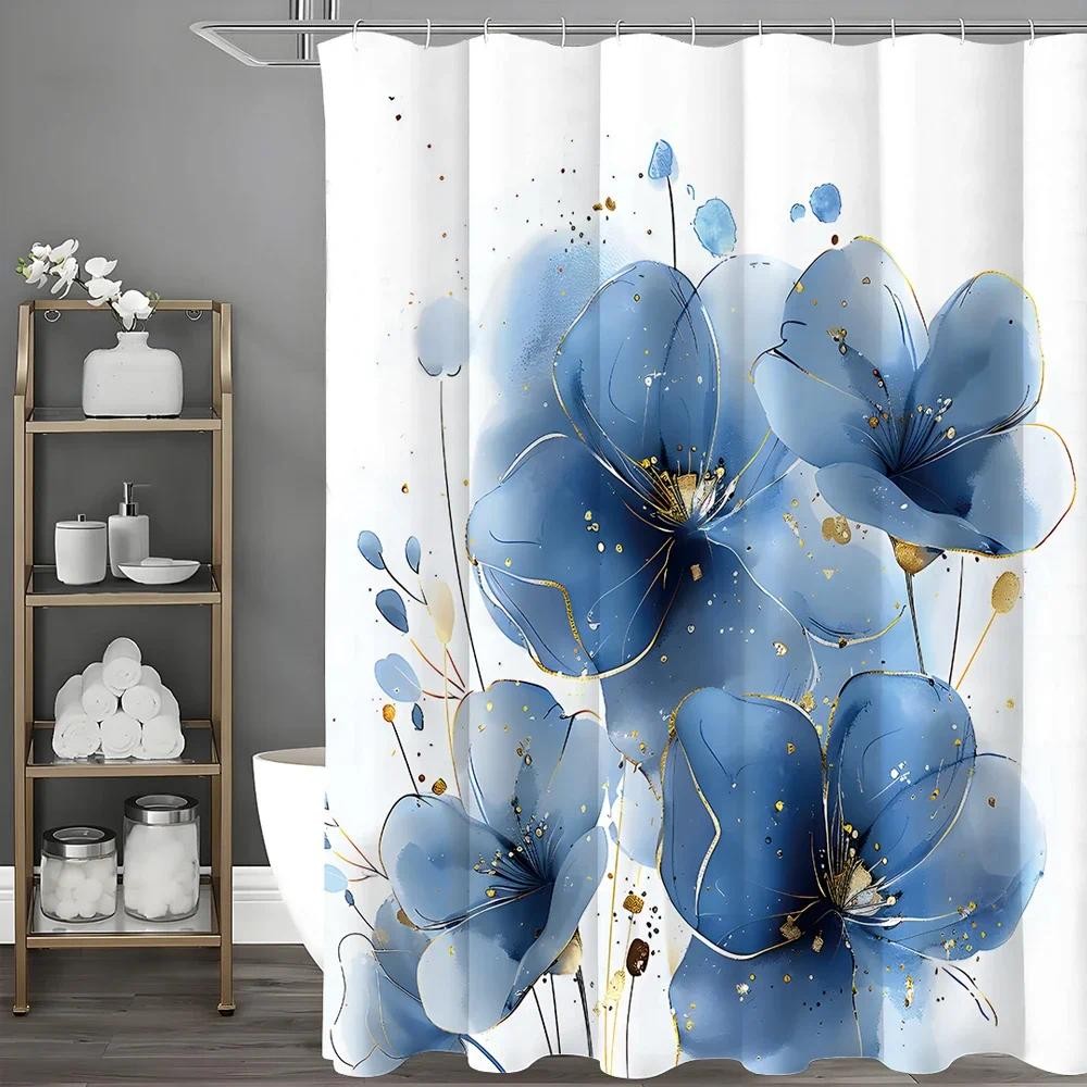 Blue Watercolor Floral Shower Curtain, Bathroom Decorative Shower Curtain, Waterproof Shower Curtain
