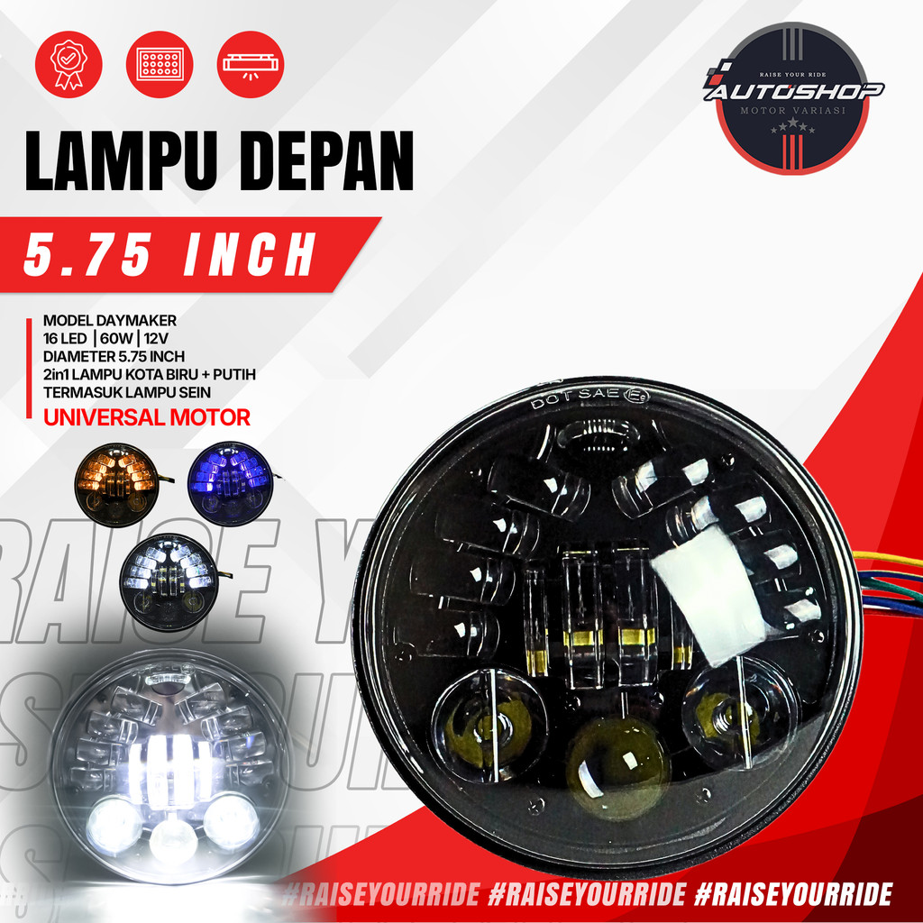 Lampu Depan Motor 5.75 Inch LED 16 Mata 2in1 Putih Biru Sein Kuning