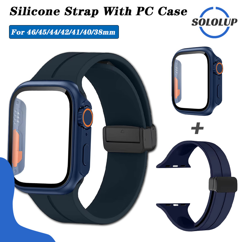 Magnetic Buckle Silicone Strap Tempered Glass Case for IWatch Apple Watch Series 11 10 9 8 7 SE 3 2 