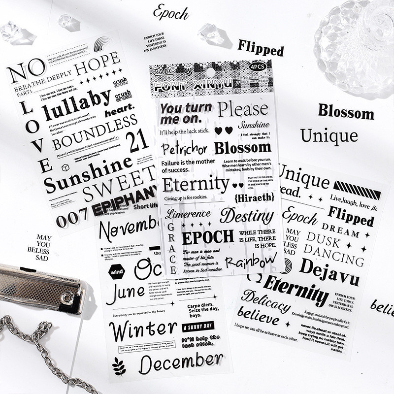 

Journamm 4sheets Black English Stickers PET Materials DIY Scrapbooking Collage Stationery Decor Junk Journal Aesthetics Sticker