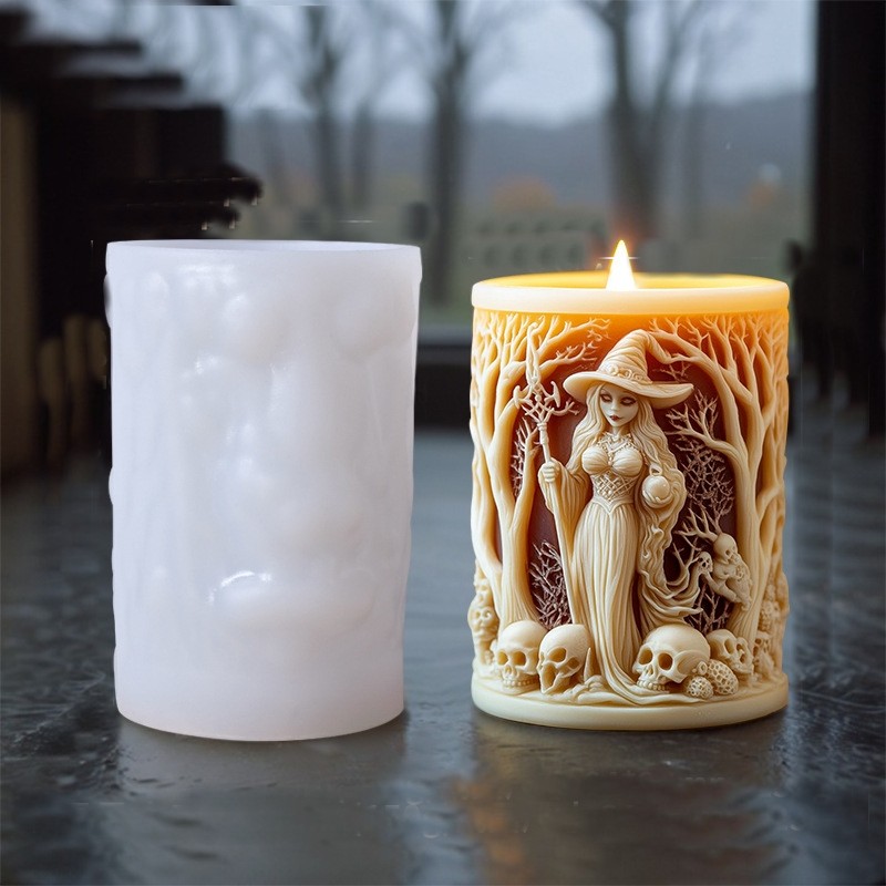 

DIY Witch Cylinder Candle Silicone Mold Skull Relief Cylinder Resin Silicone Mould Halloween Gift Witch Cylinder Gypsum Molds