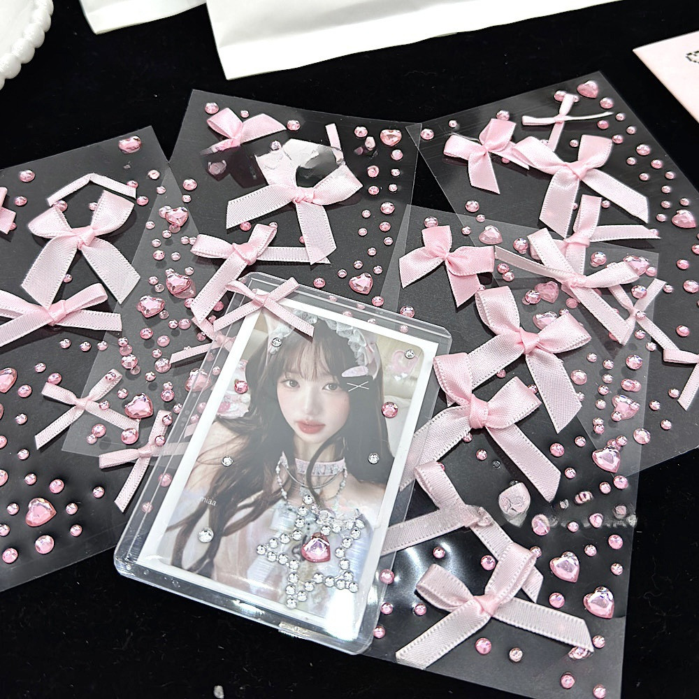

3D Pink love Lace Bow Crystal Stickers DIY Kpop Toploader Deco Stickers for Camera Cute Sparkly Rhinestone Stickers Girls Gifts