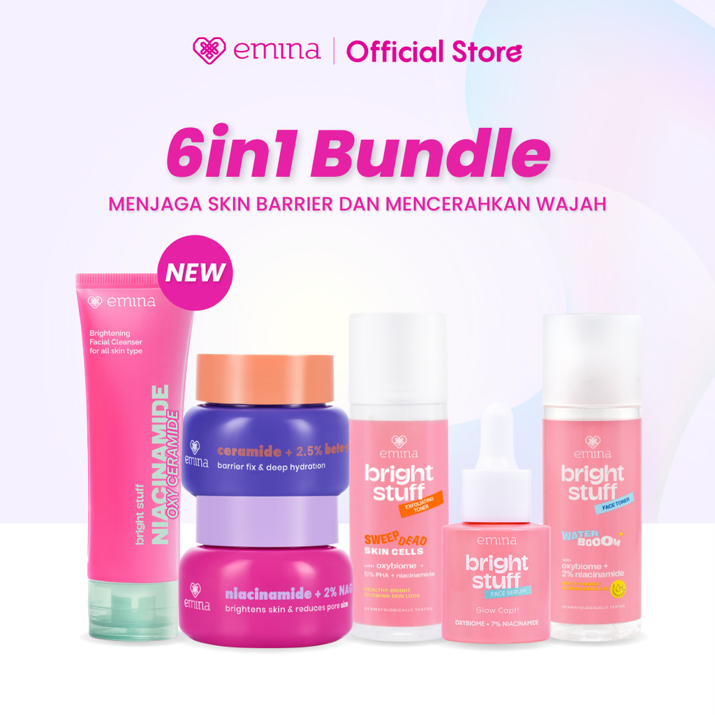 Emina Day&Night 6in1 Glowing Set Bundle - Cleanser + Brightening moisturizer + serum + toner + exfol