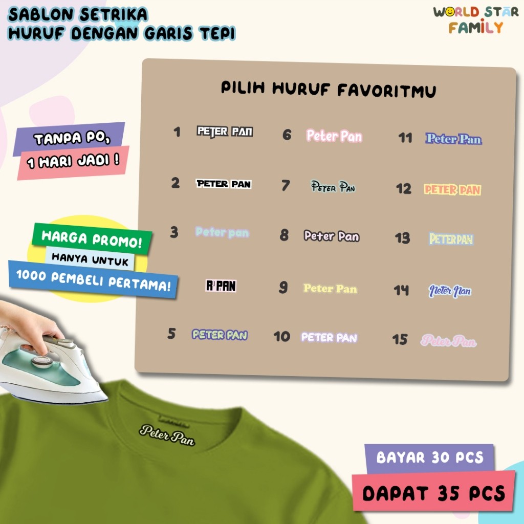 

WSF label nama baju anak Huruf Label Karakter Lucu Sablon setrika Stiker label stiker nama dtf custom label nama anak FREE CUSTOM NAMA