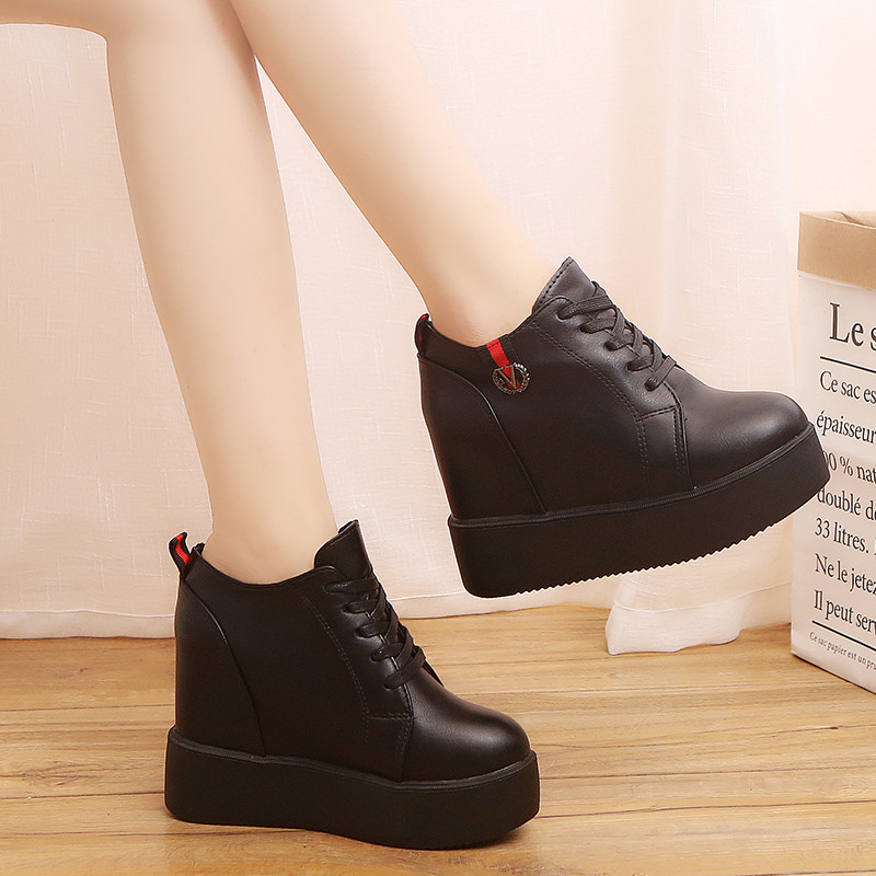 New 2025 Autumn Black White Hidden Wedge Heels Casual Shoes Spring Women's Elevator High-heels Boots