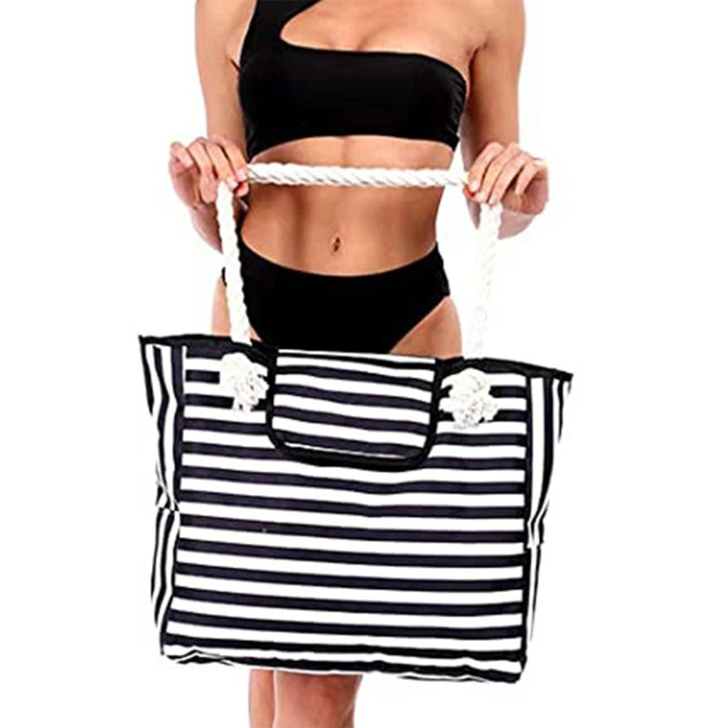 Women's Striped Canvas Tote Bag, Shoulder Bag, Beach Tote Bag with Pockets, Daily Shopping for Trave