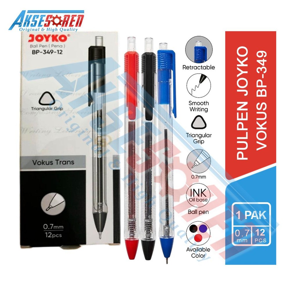 

Aksesoren Pulpen Joyko Vokus Trans BP-349 [1 Pack/12 Pcs] / Bolpoin / Ballpoint / Alat Tulis / Pena Tinta Hitam Merah Biru 1 Lusin / Bulpen Bulpoin Bolpen 1 Box
